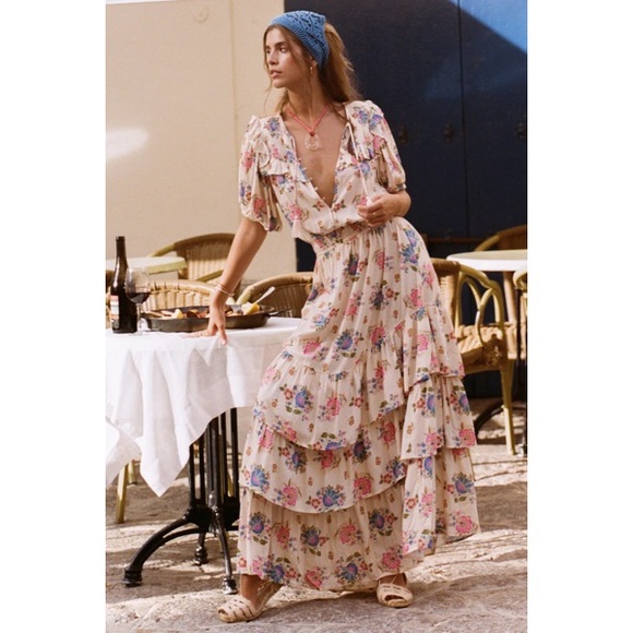 NWOT Spell | Soltice Tiered Ruffle Gown Size Large Floral Cream Boho Smocking - Picture 2 of 13